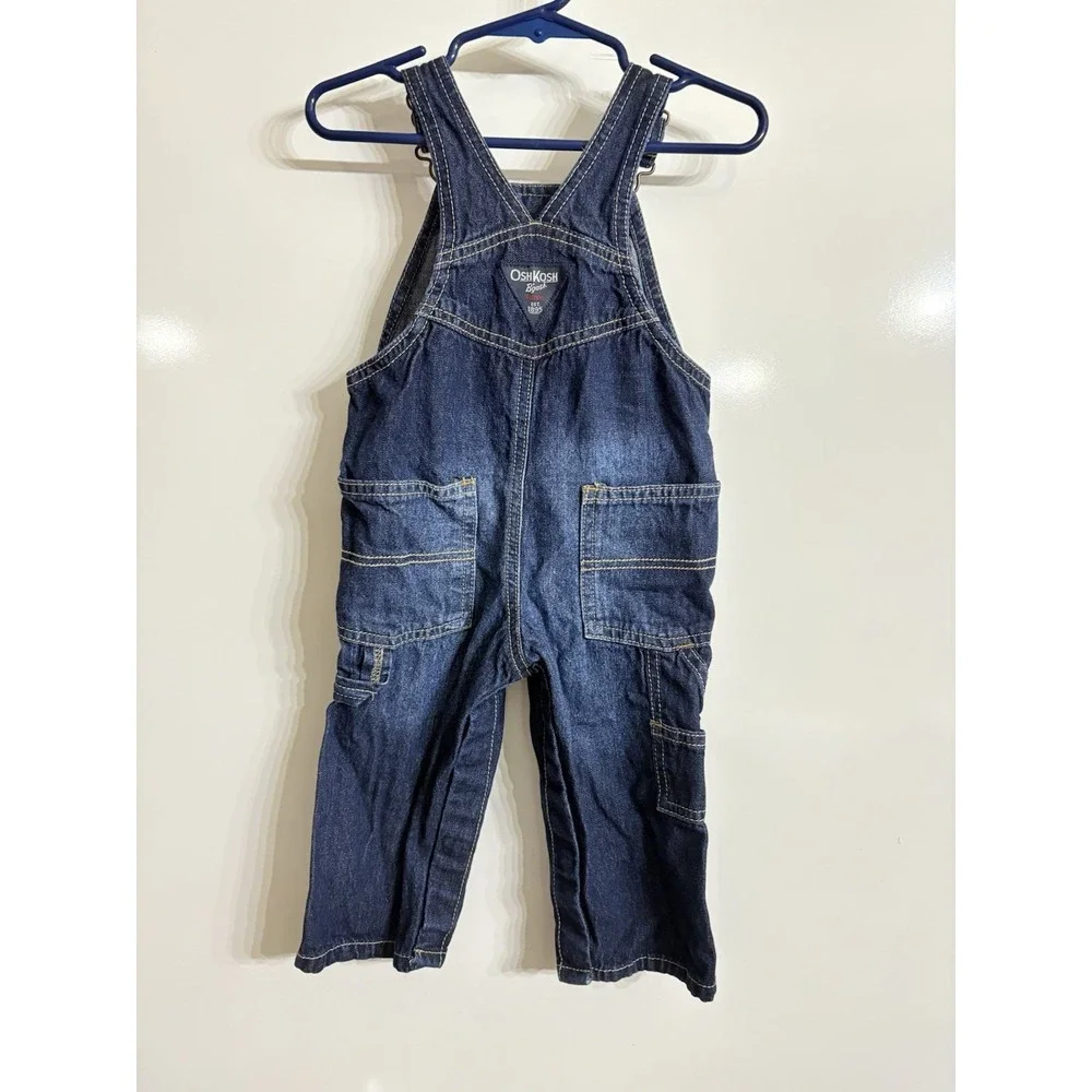 Oshkosh B'Gosh 12M Baby Boy Blue‎ Denim Overalls Red White Logo